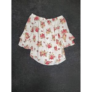 Moa Moa Womens Floral Off the Shoulder Ruffle Sleeve Blouse White Pink Large